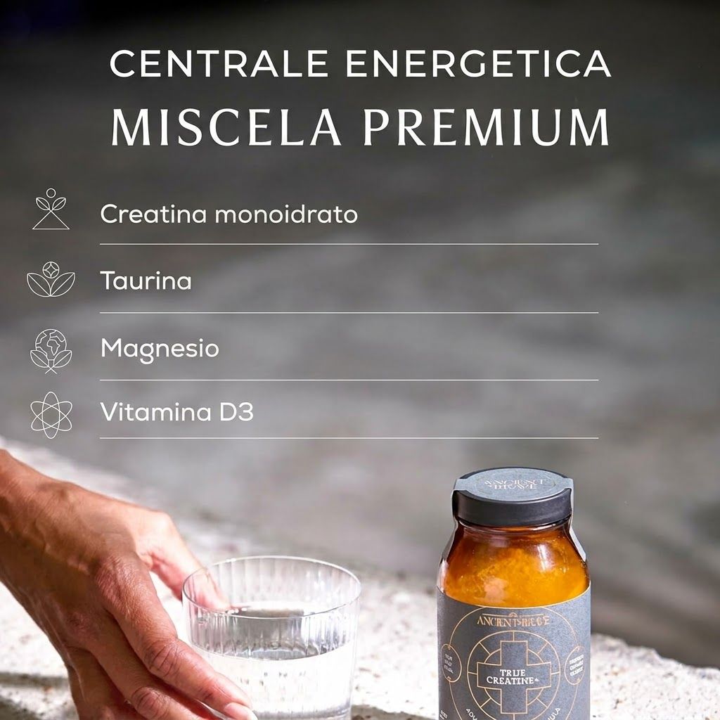 Flacone in vetro marrone con etichetta True Creatine+, accanto a un bicchiere d'acqua e una mano.