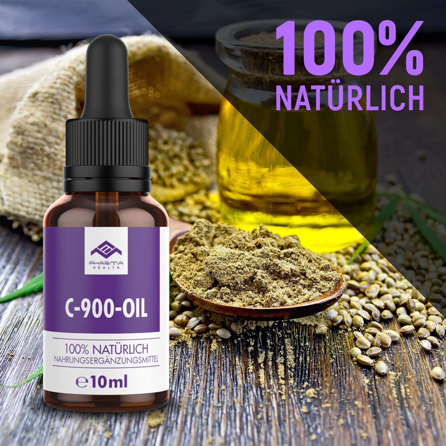 Flacone del prodotto accanto a semi di canapa e olio. L'etichetta riporta "C-900-OIL" e "100% NATÜRLICH".