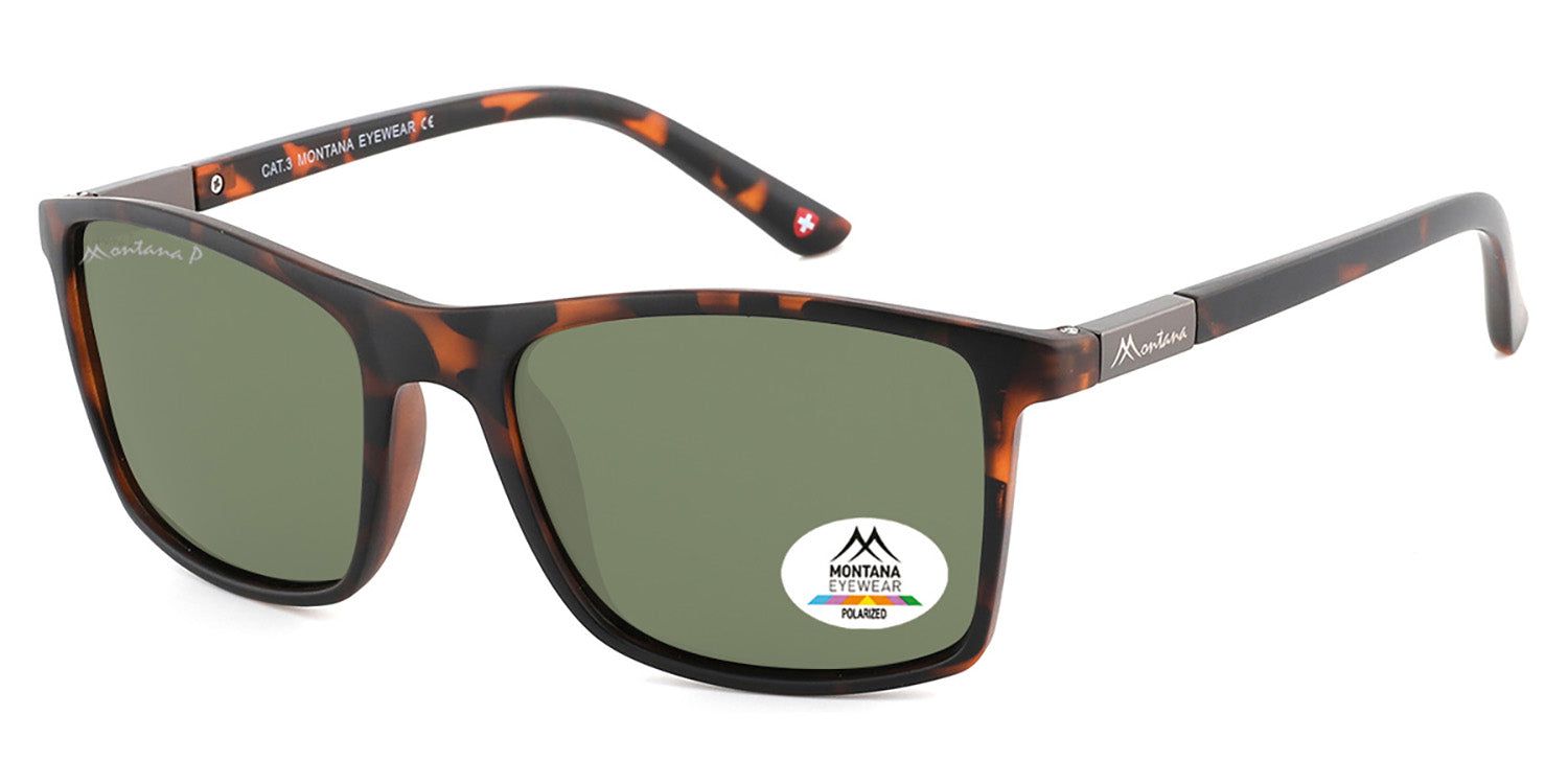 Occhiali da sole marroni e verdi. Logo Montana Eyewear sulla lente. Vista laterale.