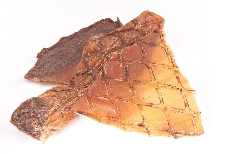 Due pezzi di stomaco di struzzo essiccato, marrone, con consistenza visibile, su sfondo bianco.