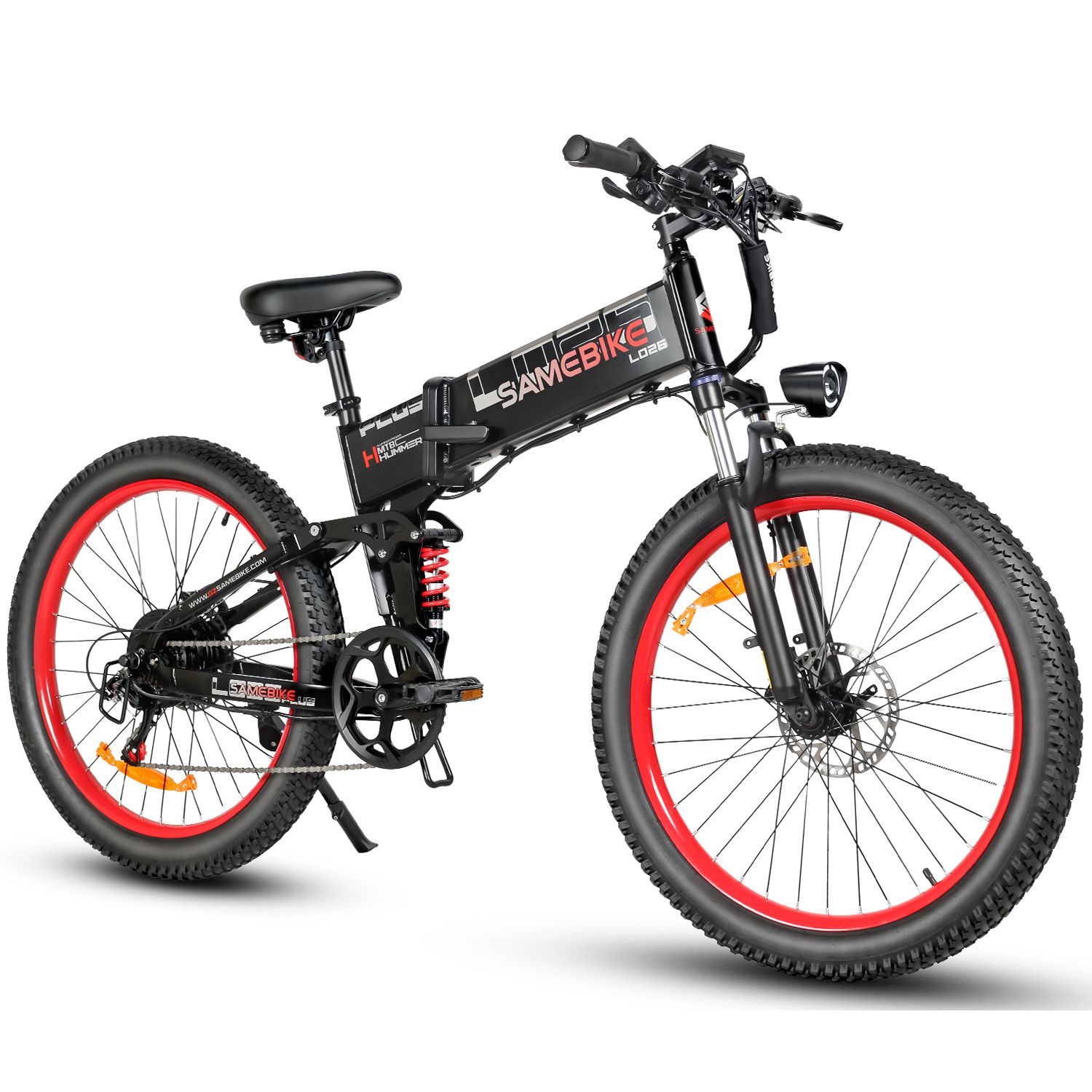 E-bike pieghevole nera, cerchi rossi. SAMEBIKE, LO26Plus, batteria 48V 15Ah. Vista frontale.