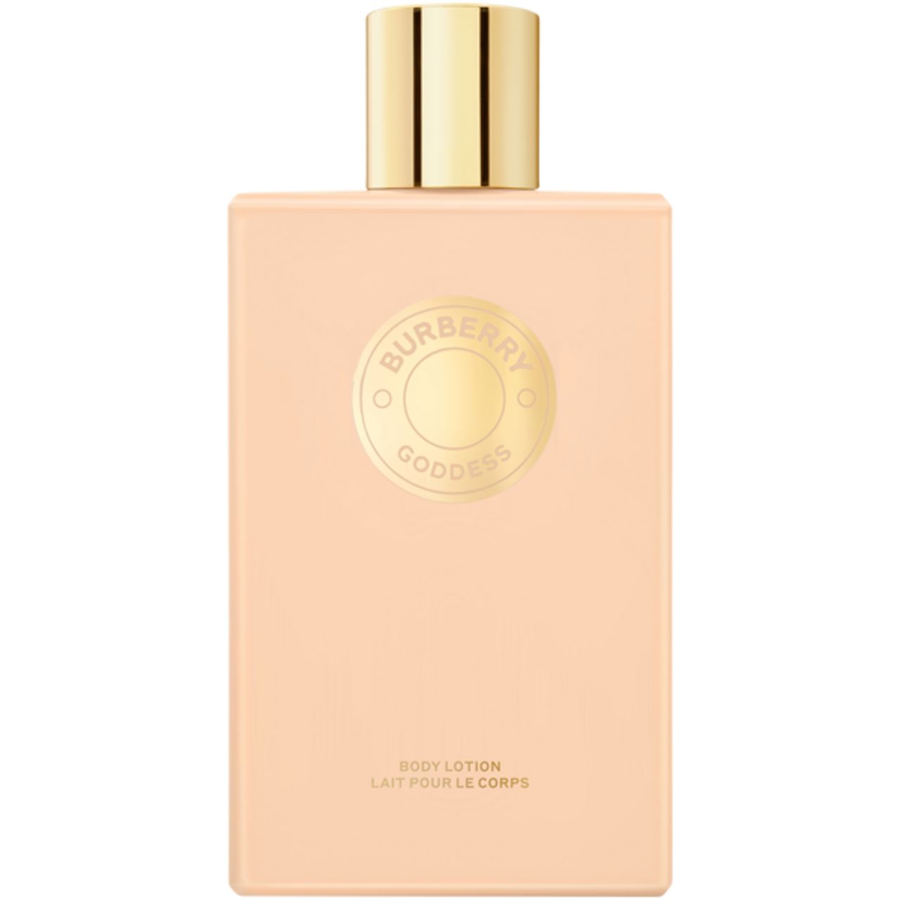 Flacone di lozione beige con tappo dorato. Logo rotondo con scritta. Sotto, scritta: BODY LOTION LAIT POUR LE CORPS.