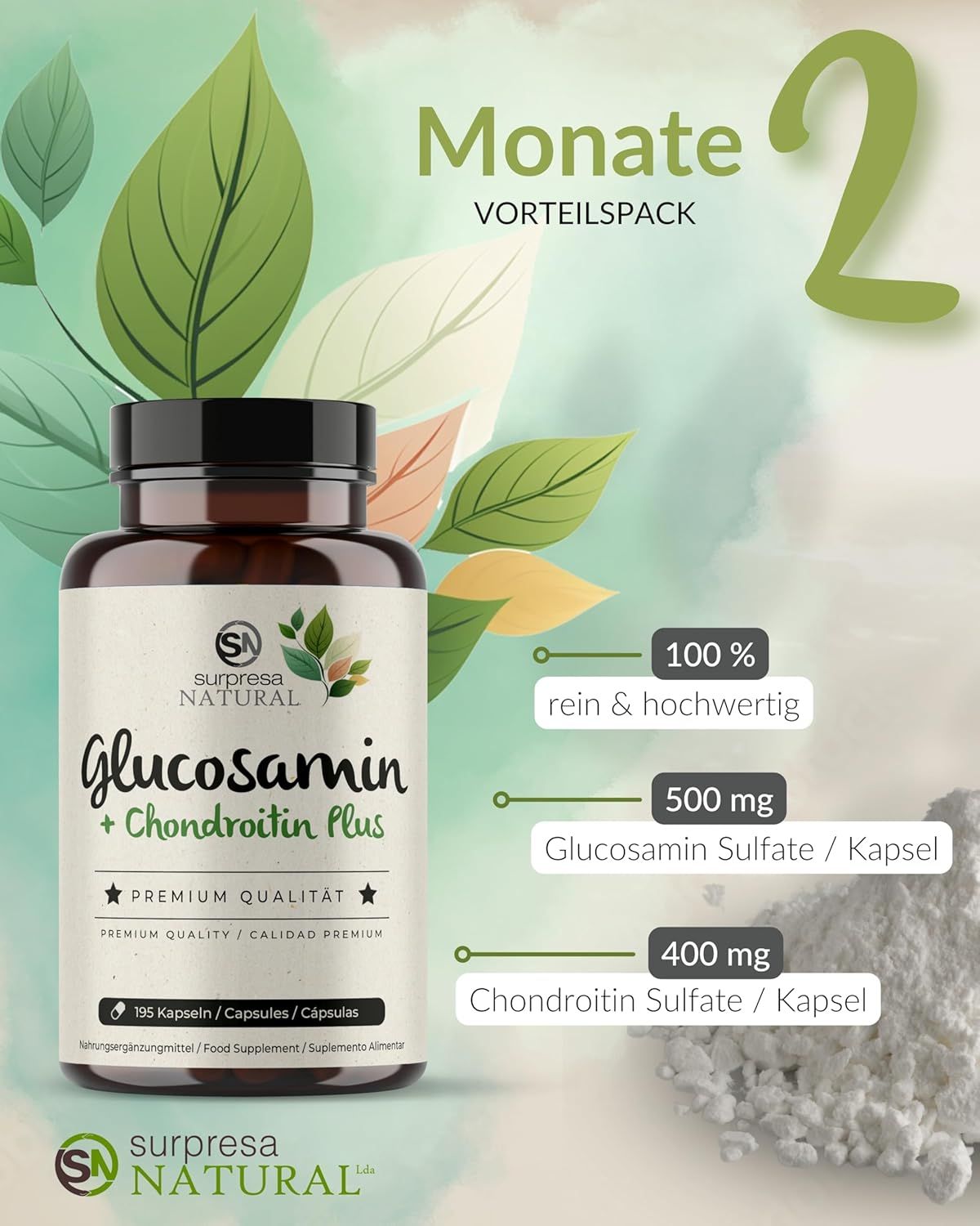 Flacone Glucosamina + Condroitina Plus. Testo: Confezione convenienza 2 mesi. Informazioni sugli ingredienti.