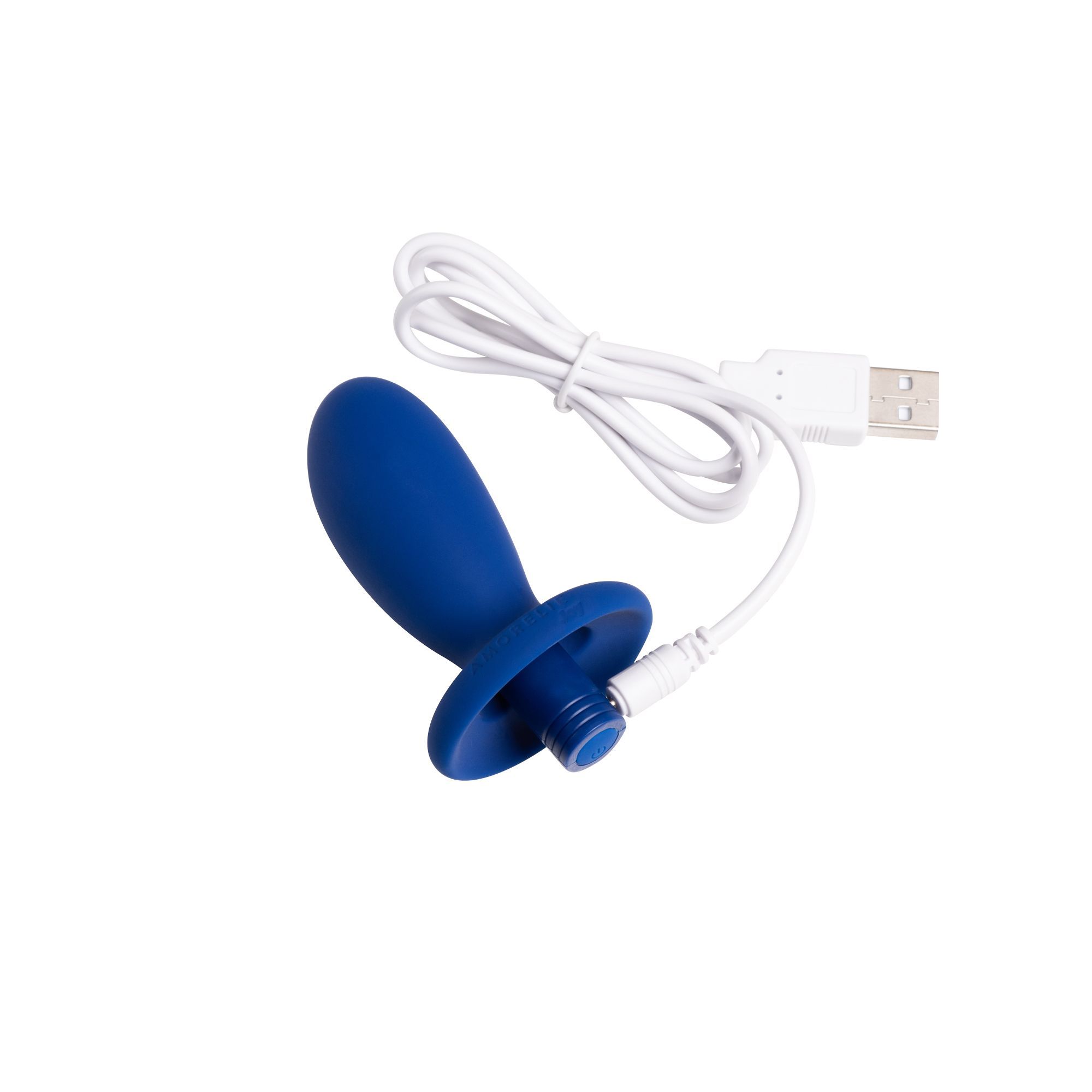 Plug anale blu con cavo di ricarica bianco. Il cavo ha un connettore USB.