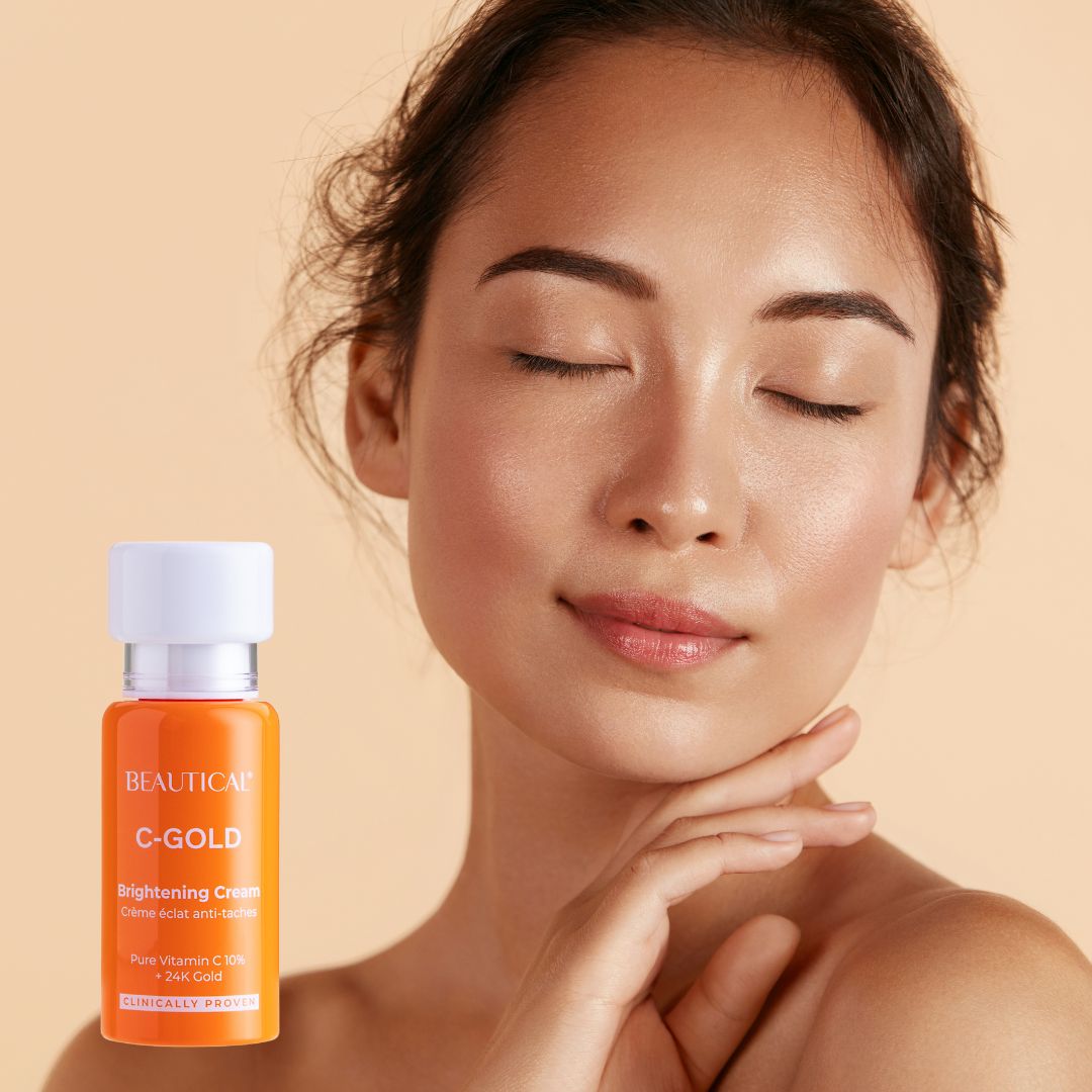 Donna con occhi chiusi. Flacone: BEAUTICAL C-GOLD Brightening Cream.
