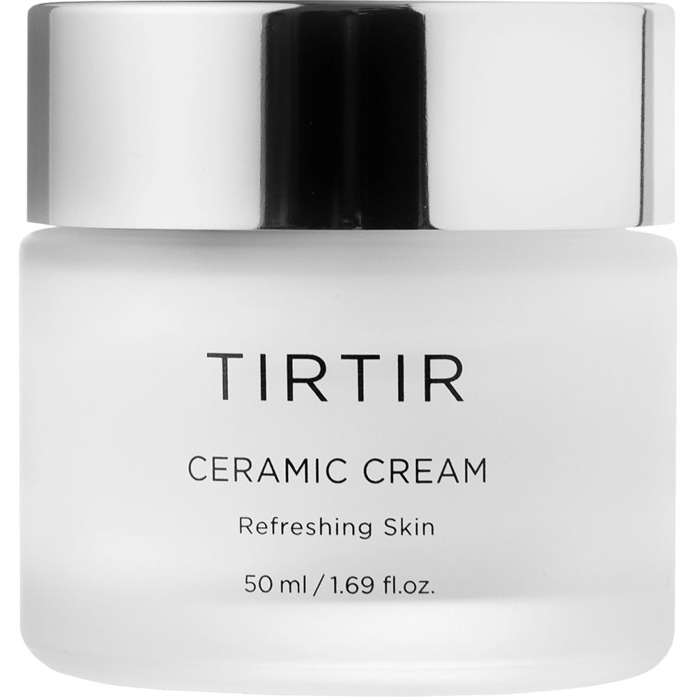 Vasetto di crema Ceramic Cream Tir Tir bianco con coperchio argentato. Scritta: Ceramic Cream, Refreshing Skin, 50 ml.