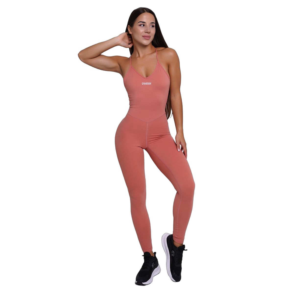 Tuta da donna color salmone, slim fit, con scollo a V e logo sul petto.