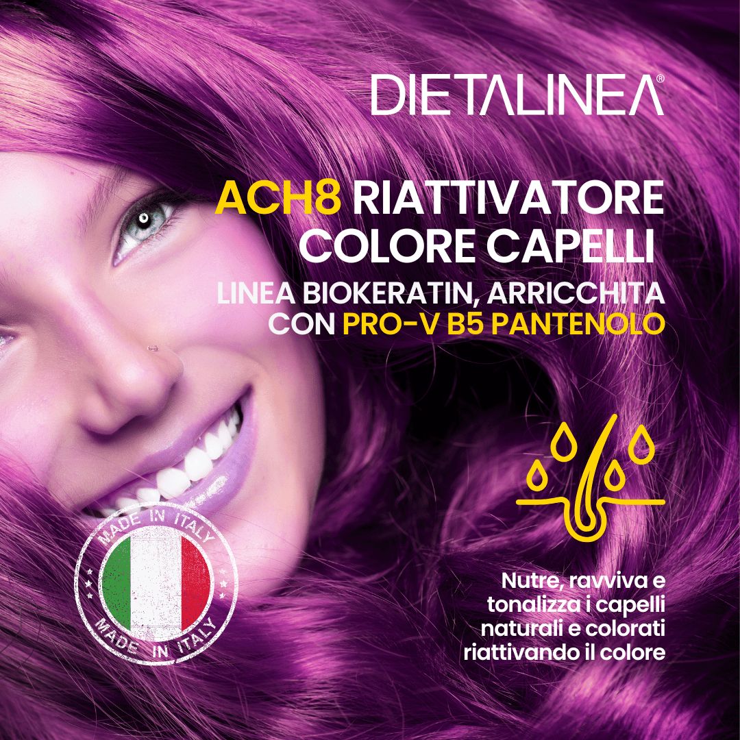Donna con capelli viola voluminosi e viso sorridente. Sigillo "Made in Italy".