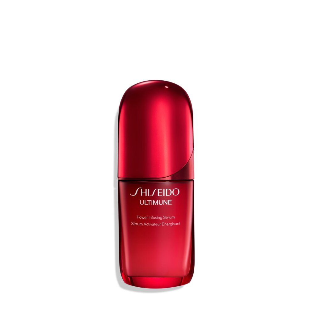 Flacone rosso con tappo. Scritta: SHISEIDO ULTIMUNE. Power Infusing Serum. Siero Attivatore Energizzante.
