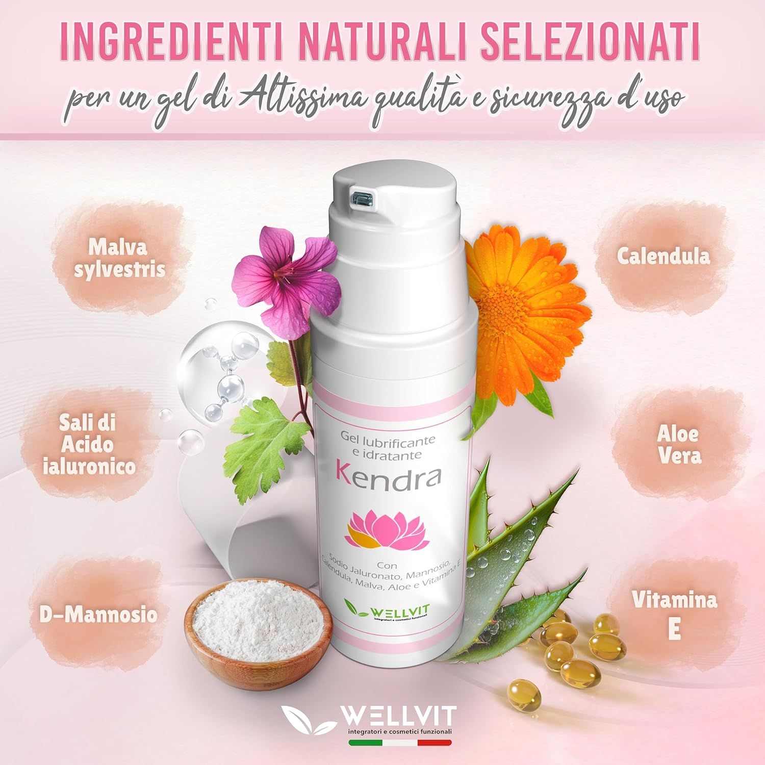 Flacone di gel Kendra con ingredienti. Testo: Gel lubrificante e idratante, Kendra, ingredienti. Marchio Wellvit.