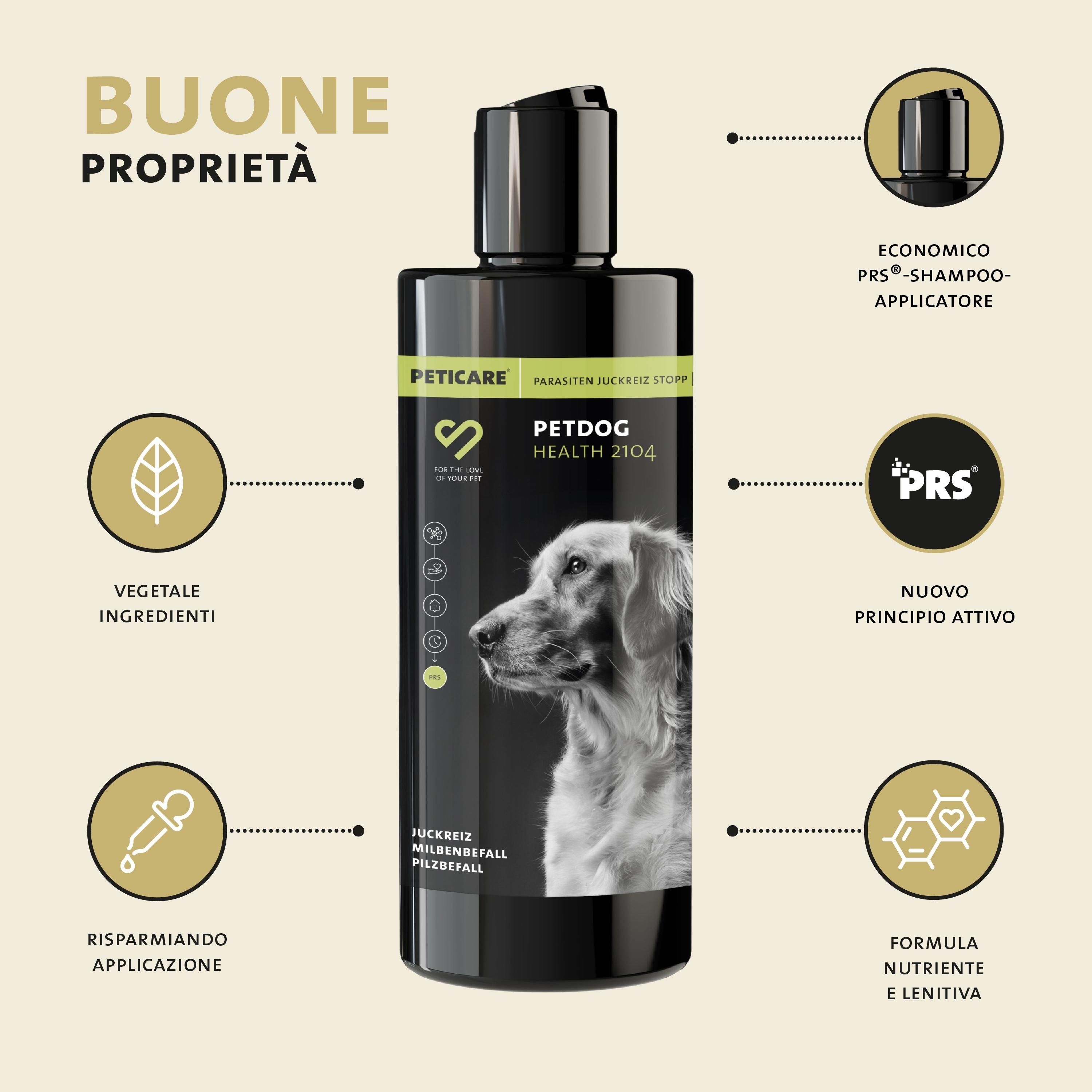 Flacone di shampoo nero con etichetta verde. Testo: Peticare, Petdog Health 2104. Immagine di un cane. Simboli rotondi.