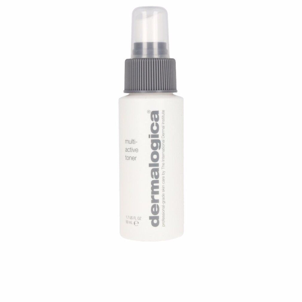 Flacone spray bianco con erogatore grigio. Scritta 'multi-active toner' e 'dermalogica'.