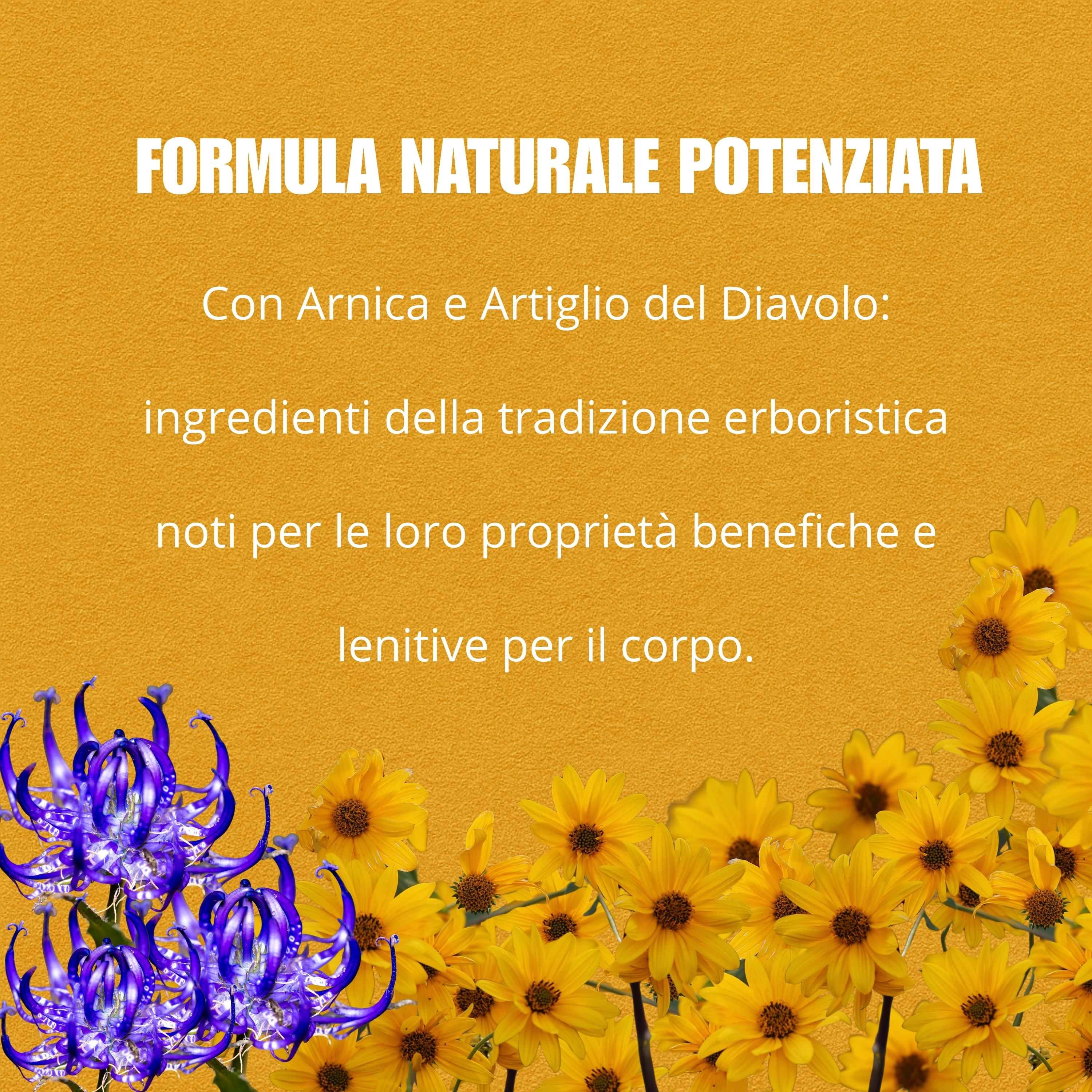 Sfondo giallo con fiori e testo. Testo: Formula naturale potenziata. Con arnica e artiglio del diavolo.