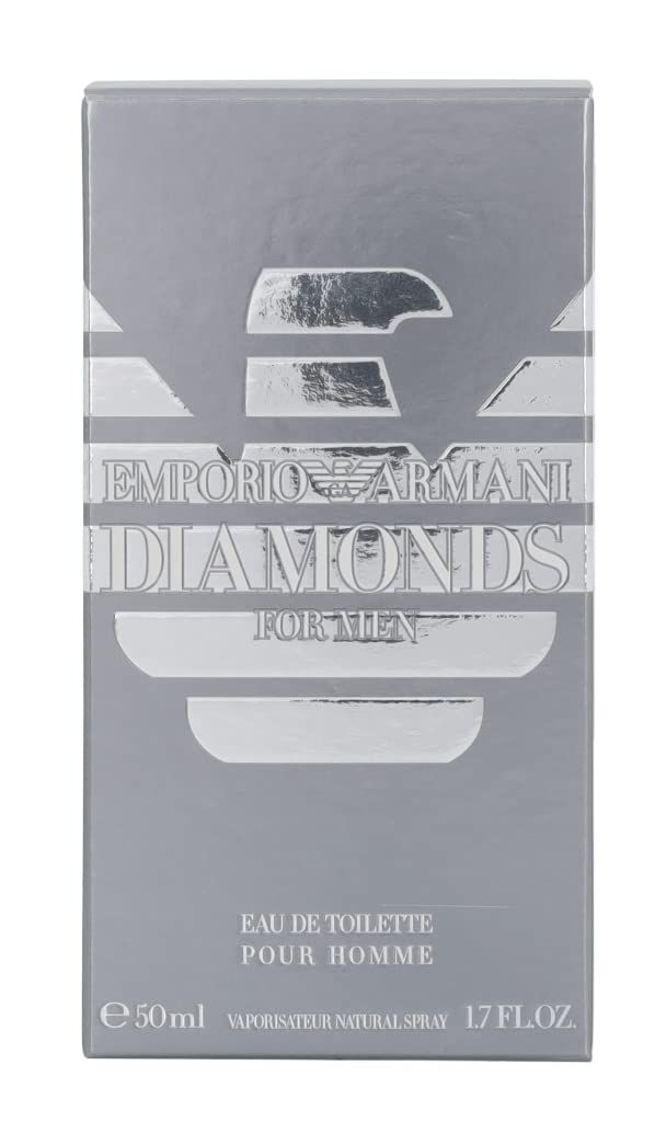 Confezione grigia con logo argento e scritta: EMPORIO ARMANI DIAMONDS FOR MEN. Eau de Toilette.