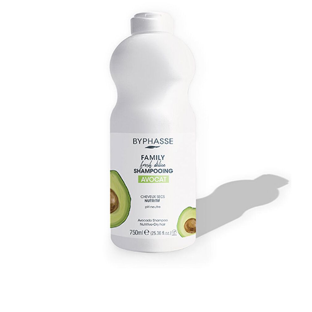 Flacone bianco di shampoo Byphasse. Illustrazione di avocado e testo: Family Fresh Delice Shampooing Avocat, per capelli secchi.