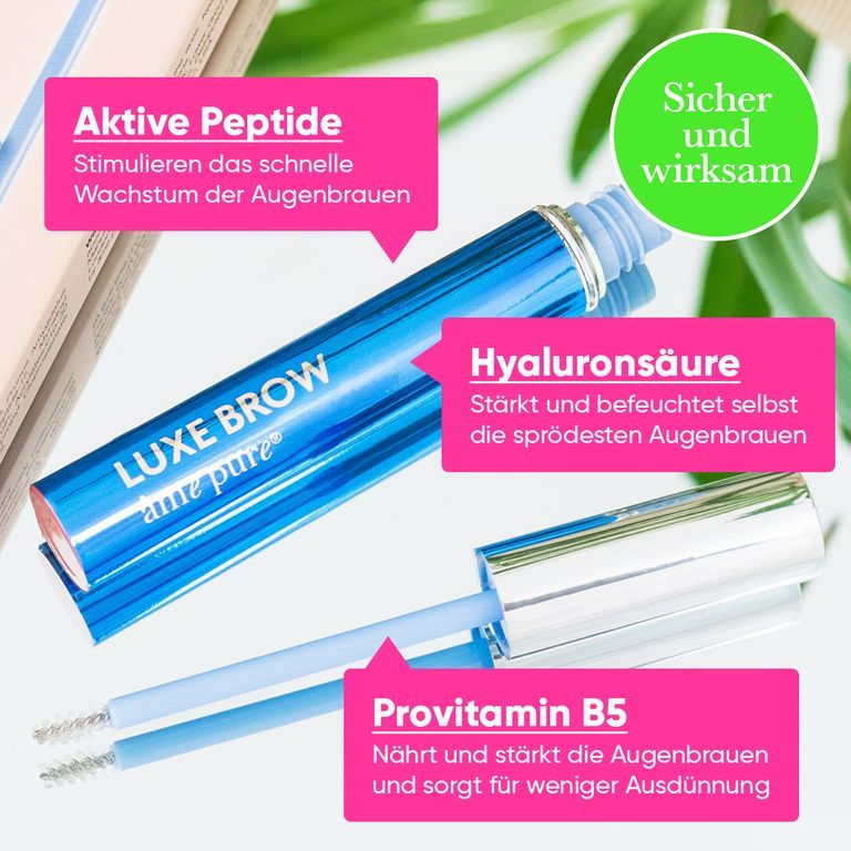 Flacone blu di siero per sopracciglia con applicatore. Scritta: Luxe Brow.