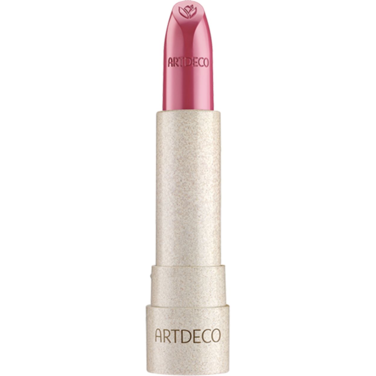 Rossetto rosa chiaro parzialmente estratto. Il nome ARTDECO è visibile sull'astuccio.