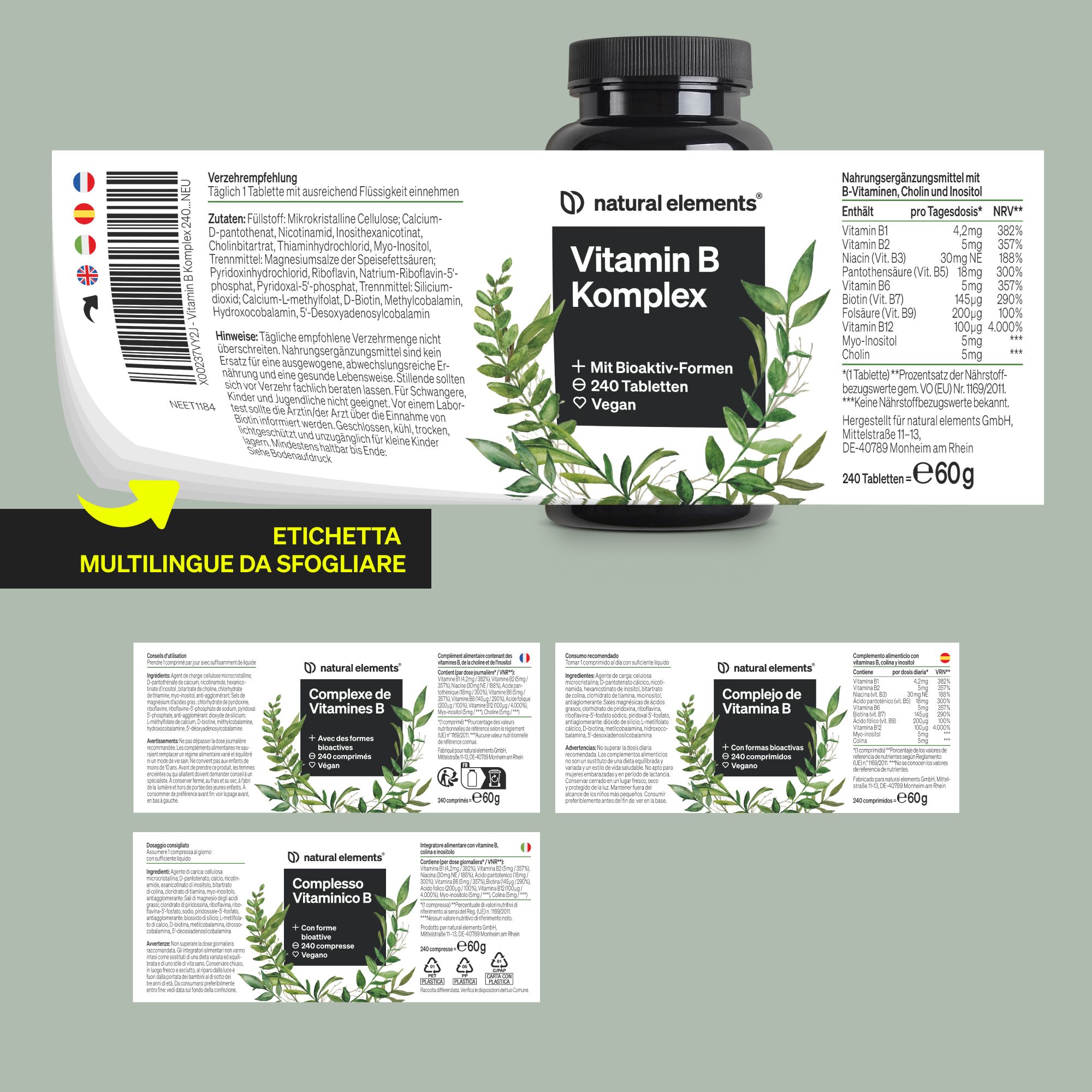 Etichetta per Natural Elements Complesso di Vitamine B, 240 compresse, vegano, con informazioni sulla biodisponibilità.