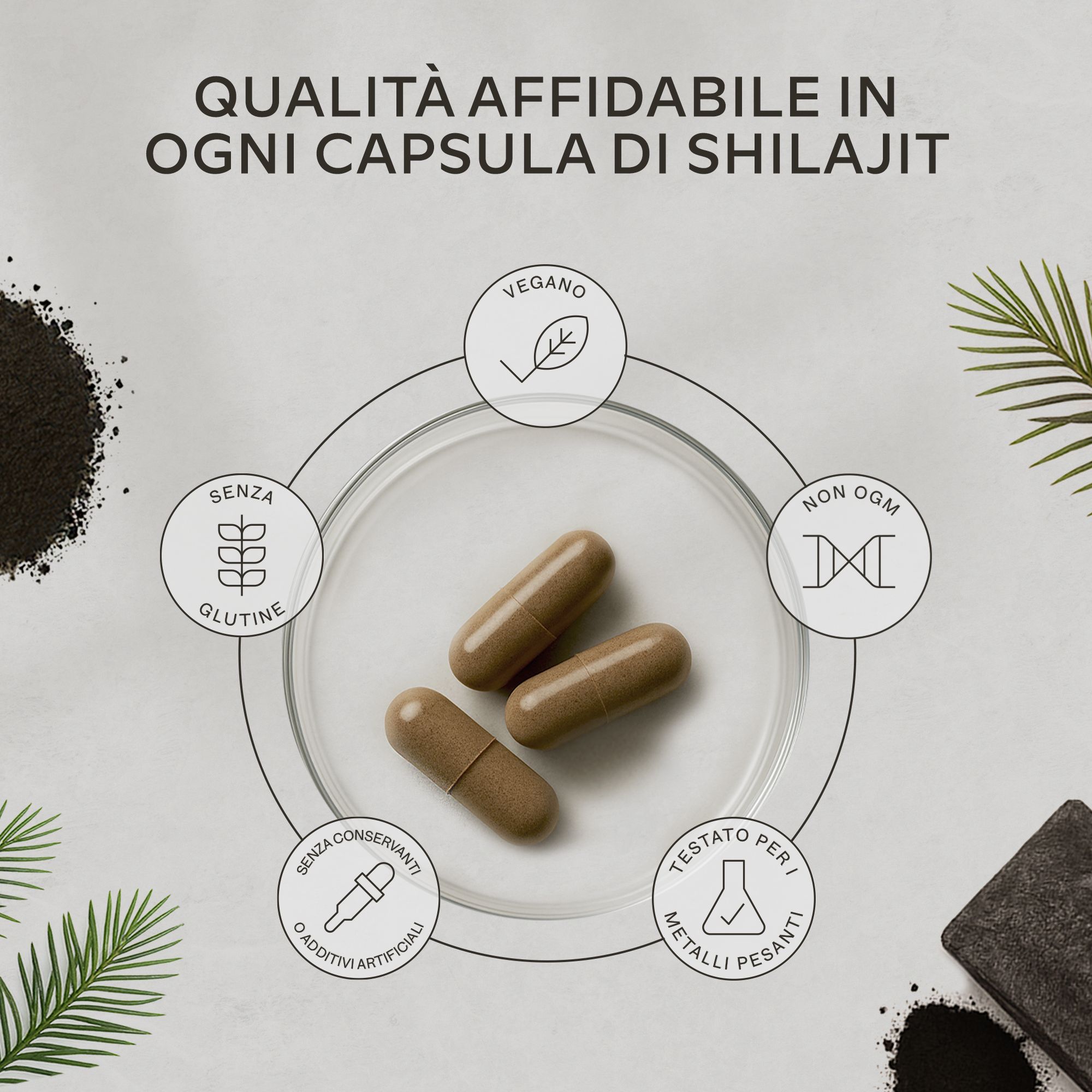 Primo piano delle capsule. Testo: senza glutine, vegano, non OGM, senza conservanti.