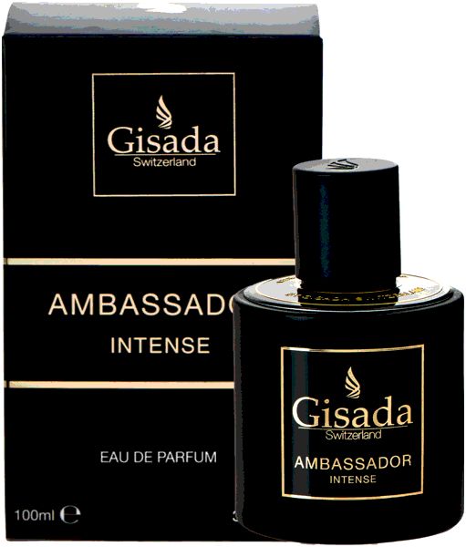 Scatola e flacone neri. Scritta: Gisada, Ambassador Intense. Flacone accanto. 100ml.