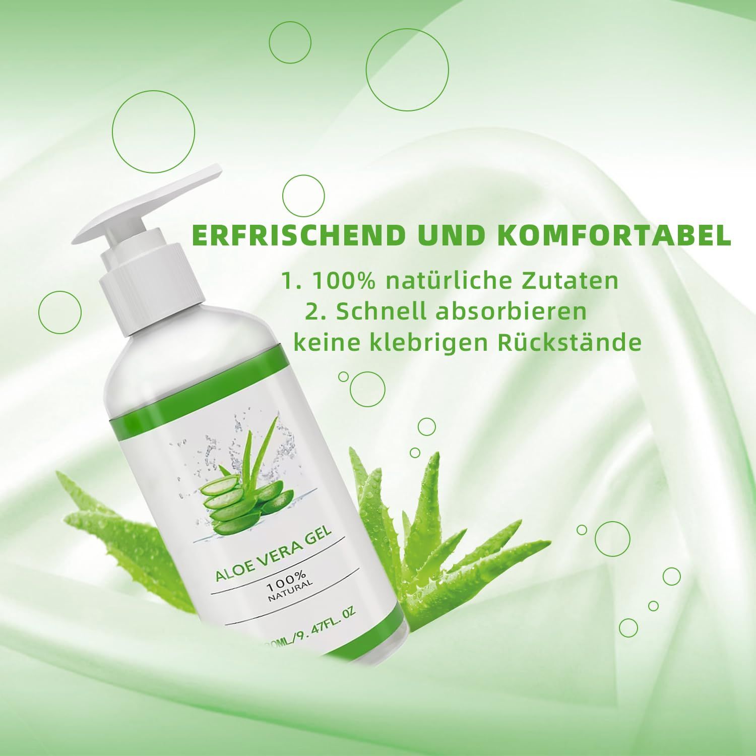 Flacone di gel di aloe vera con dispenser. Etichetta verde e bianca. Foglie di aloe vera sullo sfondo. Testo: Aloe Vera Gel, 100% Natural.