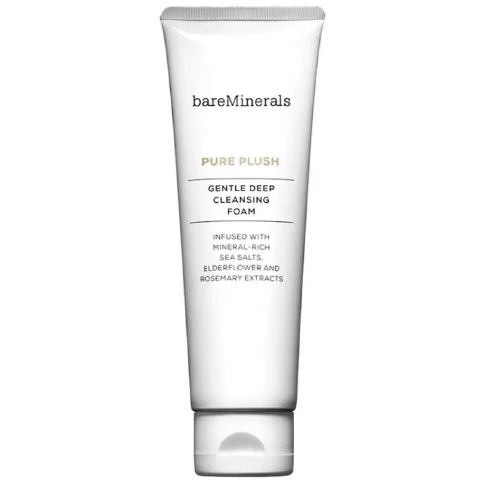 Tubo bianco con chiusura a ribalta. Scritta: bareMinerals, Pure Plush, Gentle Deep Cleansing Foam.