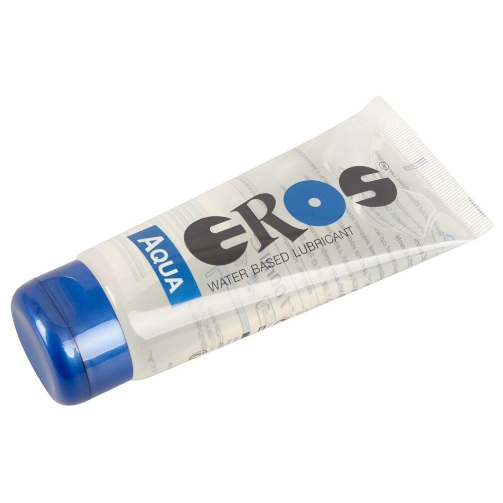 Tubo trasparente con tappo blu. Scritta: EROS Aqua, lubrificante a base d'acqua.