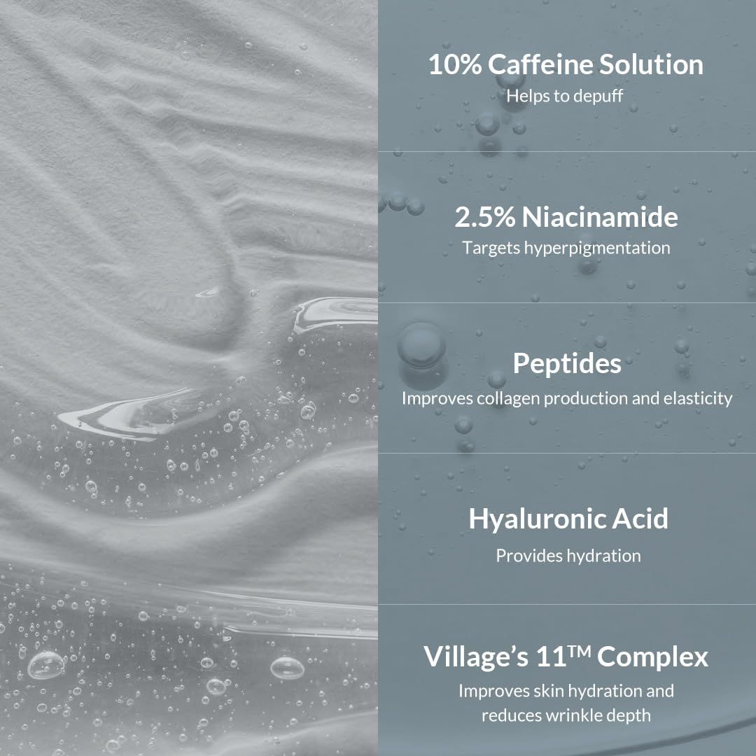 Primo piano di gocce di liquido. Testo: 10% soluzione di caffeina, 2,5% niacinamide, peptidi, acido ialuronico, Village's 11th Complex.