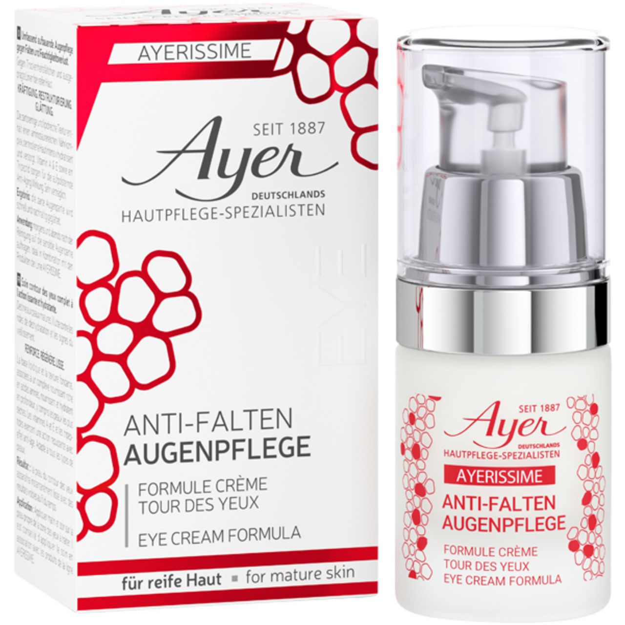 Crema occhi Ayer con dispenser e confezione. Scritta: Anti-Falten Augenpflege, Eye Cream Formula. Per pelli mature.
