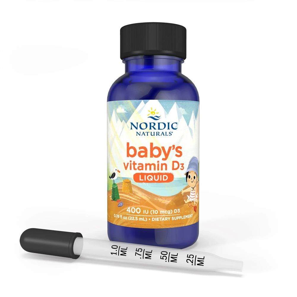 NORDIC NATURALS Baby Vitamin D3 Liquid in una bottiglia di vetro blu con contagocce. 400 UI.