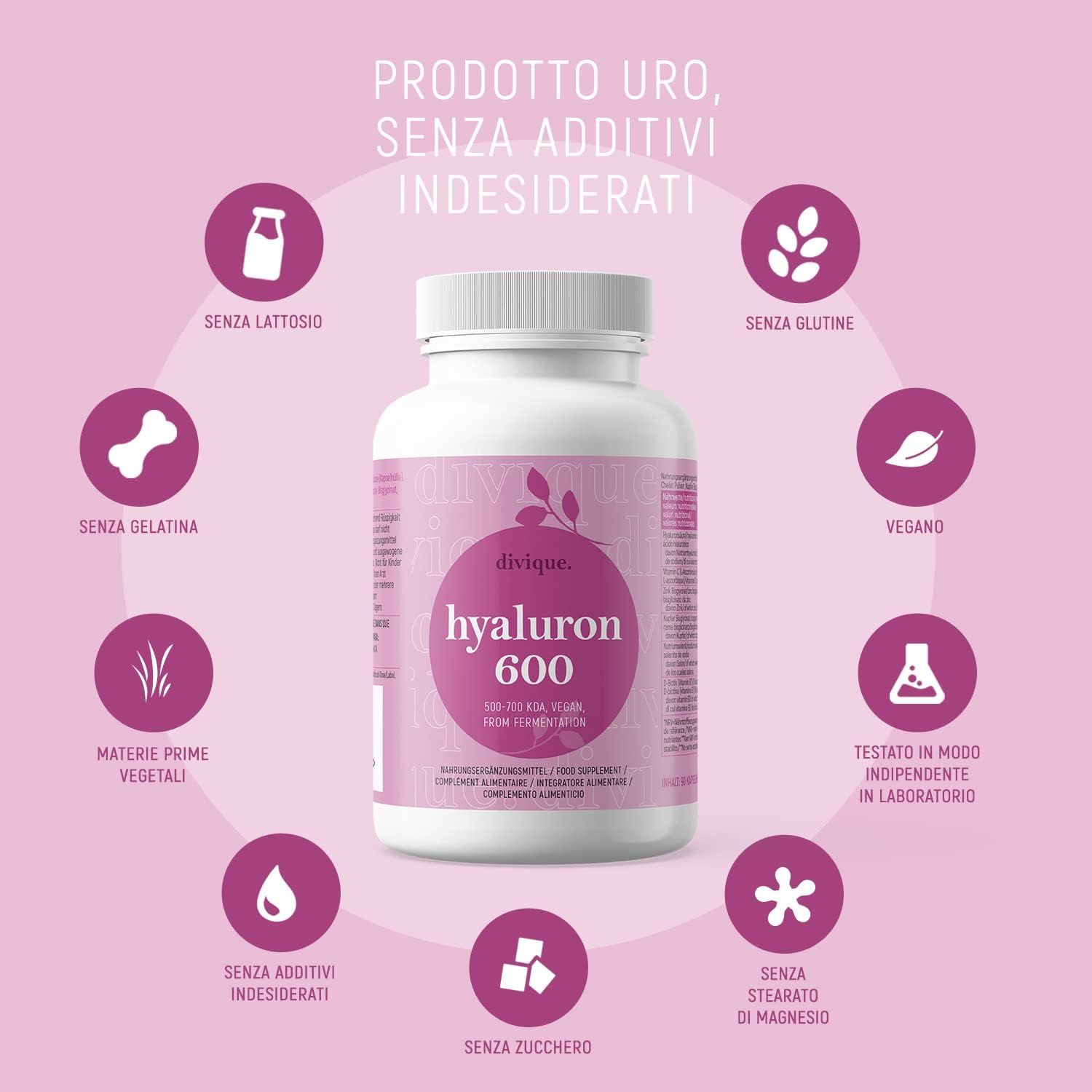 Flacone Divique Hyaluron 600. Testo: Senza lattosio, senza glutine, senza gelatina, vegano, materie prime vegetali, senza zucchero, senza conservanti, senza stearato di magnesio, senza coloranti artificiali.
