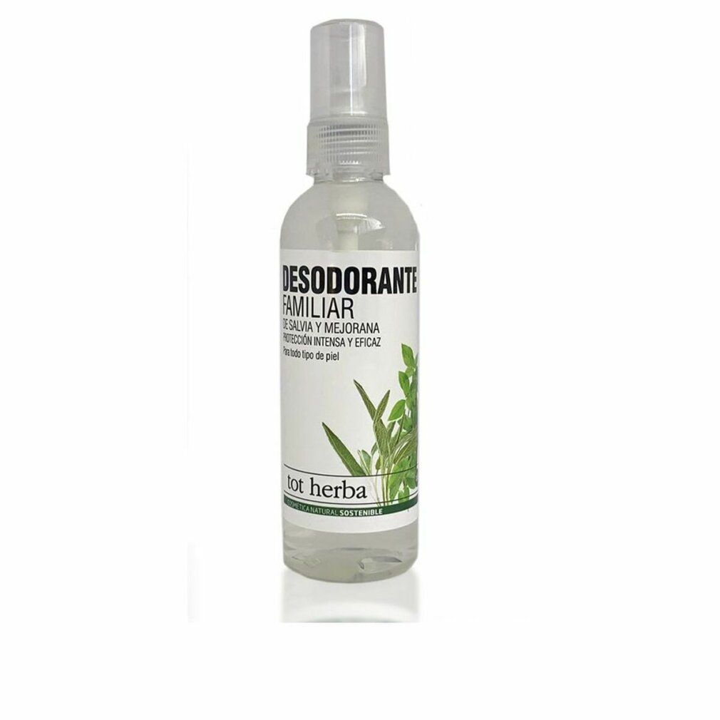 Flacone spray deodorante. Etichetta bianca con testo: Desodorante Familiar, Salvia e Maggiorana. Marchio: tot herba.