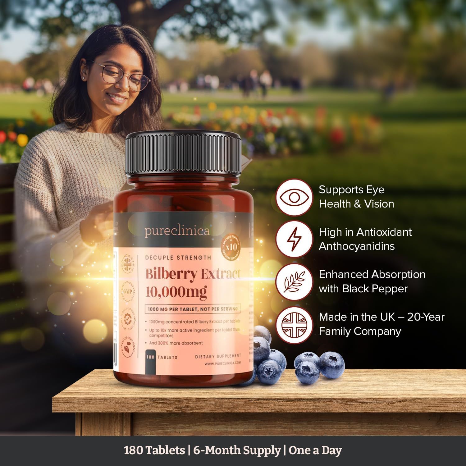 Flacone marrone di compresse. Estratto di mirtillo 10.000mg. 180 compresse. Fornitura per 6 mesi. Supporta la salute degli occhi. Prodotto nel Regno Unito.