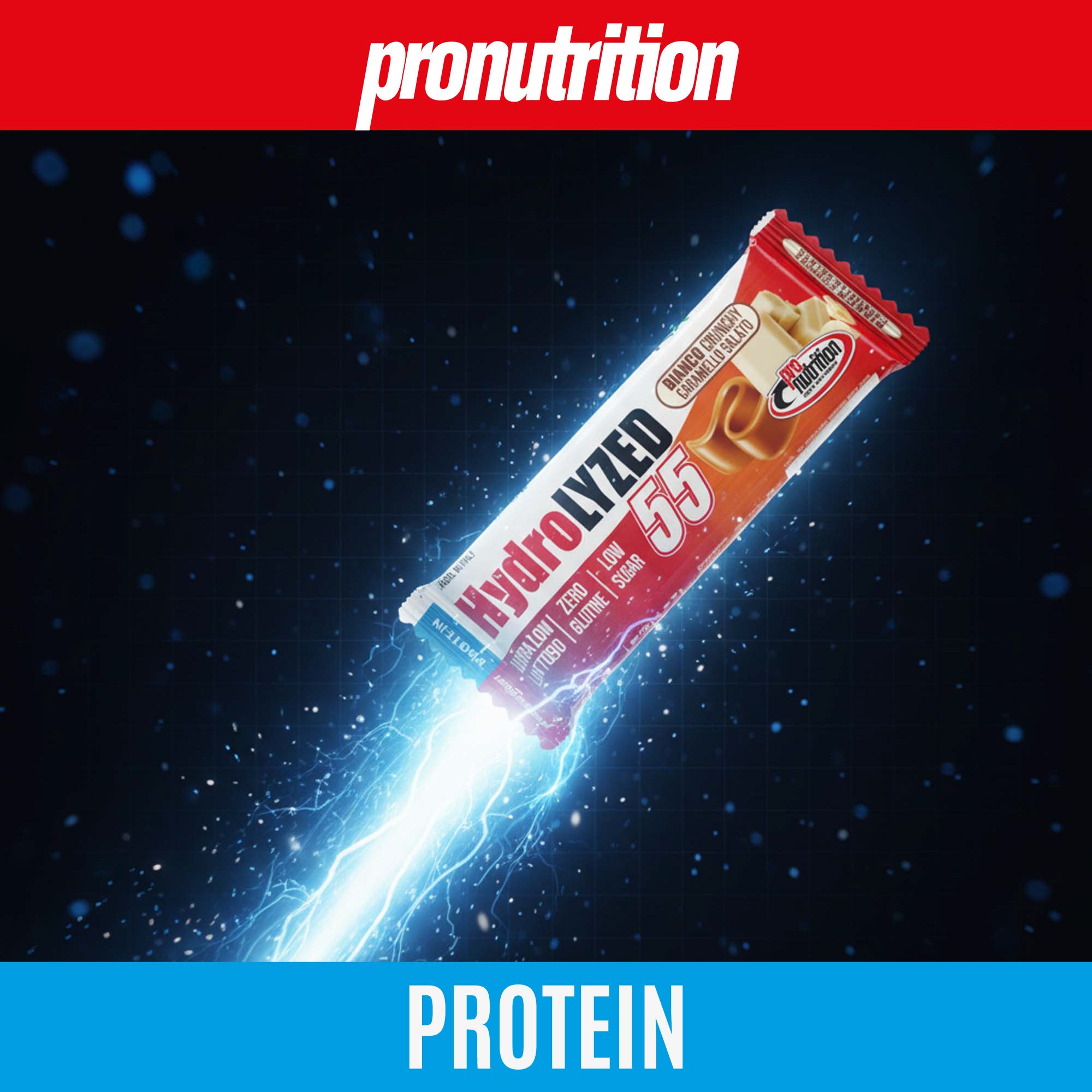 Barretta proteica rossa. Scritta: HydroLYZED 55, Zero zuccheri, Senza glutine. Effetti luce sullo sfondo.