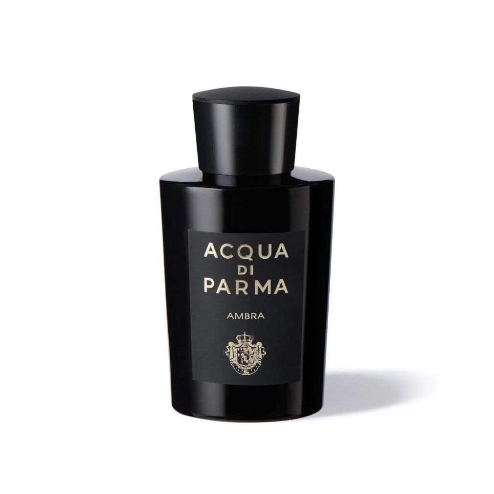 Flacone nero con etichetta dorata. Scritta: Acqua di Parma, Ambra. Tappo nero.