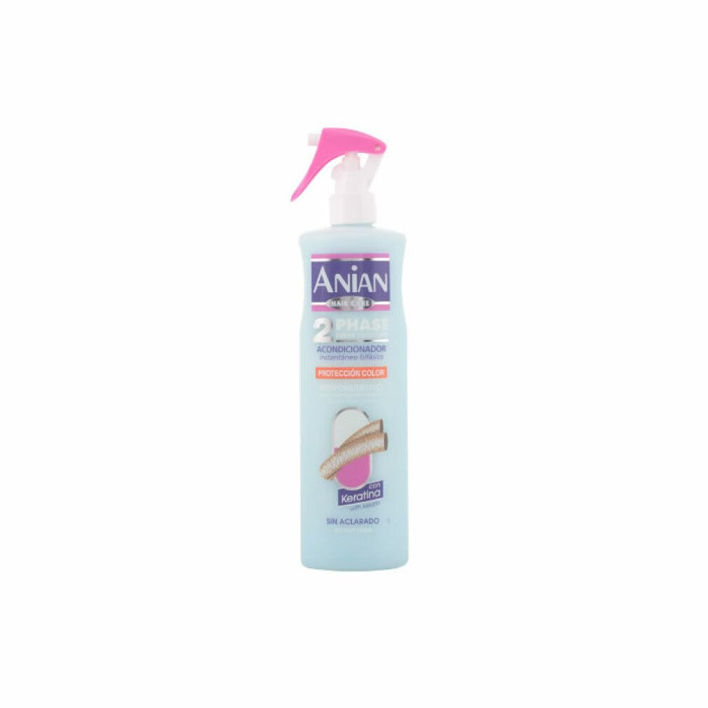 Spray azzurro con erogatore rosa. Scritte: Anian, 2 Phase, Acondicionador, Protección Color, con Keratina, Sin Aclarado.