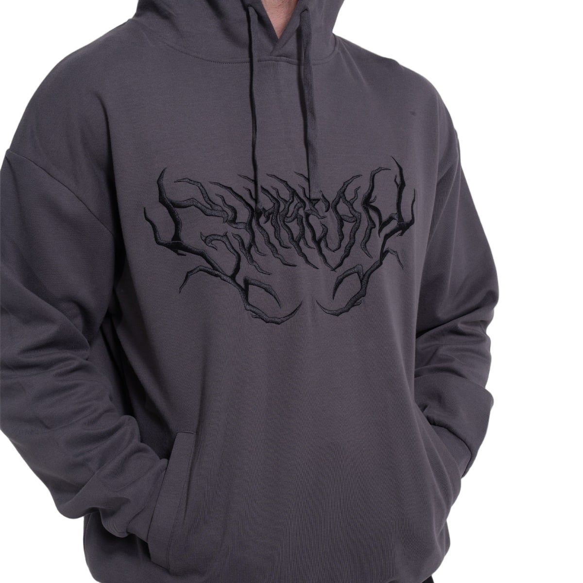 GymBeam Felpa uomo oversize Thorn grigia con cappuccio e tasche