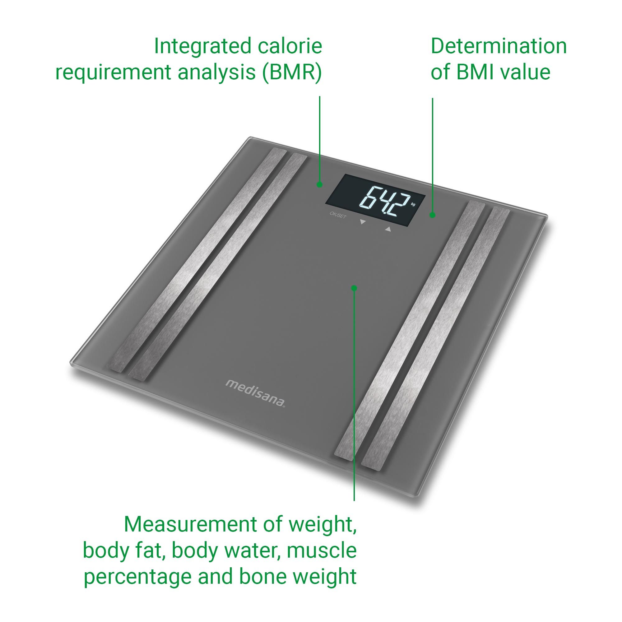 Bilancia per l'analisi corporea grigia con display digitale. Scritte: "Integrated calorie requirement analysis (BMR)", "Determination of BMI value".