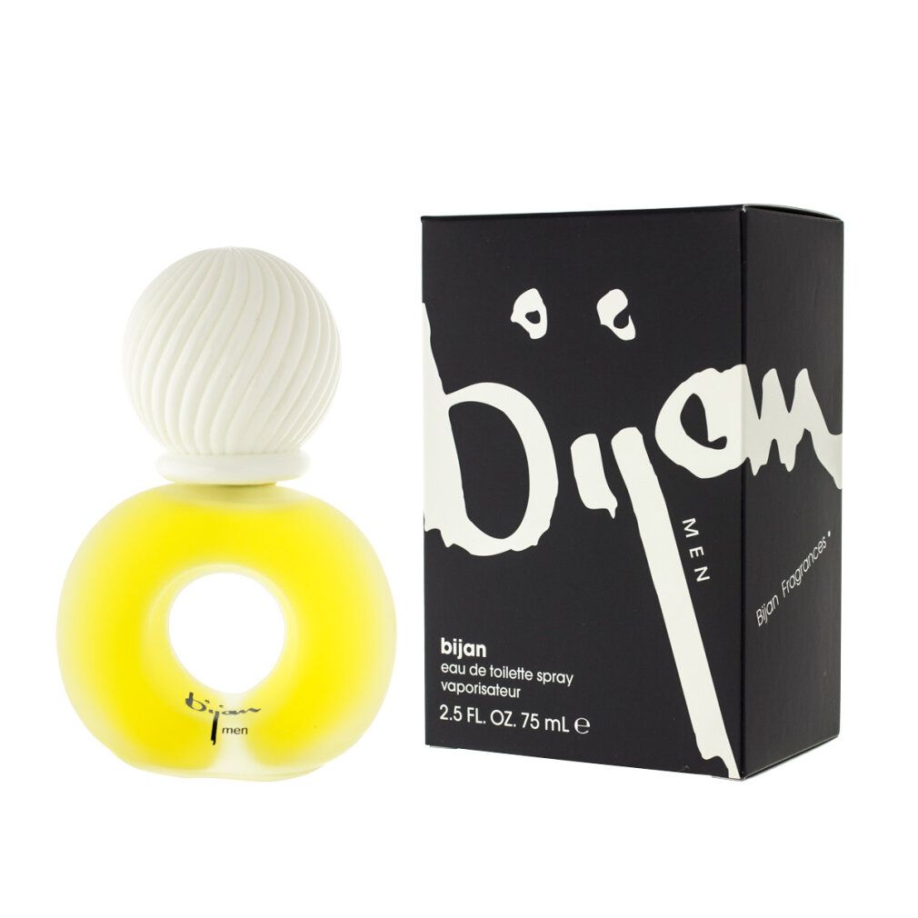 Flacone di profumo giallo con tappo bianco accanto a scatola nera. Logo "bijan" e testo. 2.5 FL. OZ. / 75 ml.