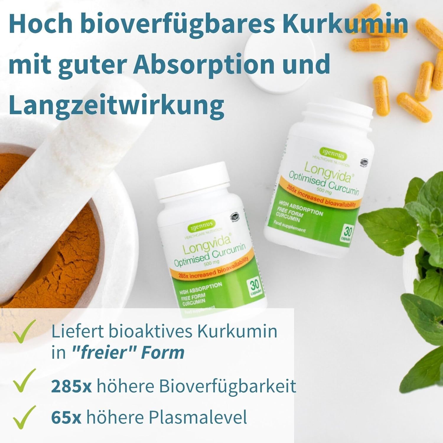 Due flaconi di capsule. Testo: Curcumina altamente biodisponibile. Capsule gialle e mortaio con polvere di curcuma.