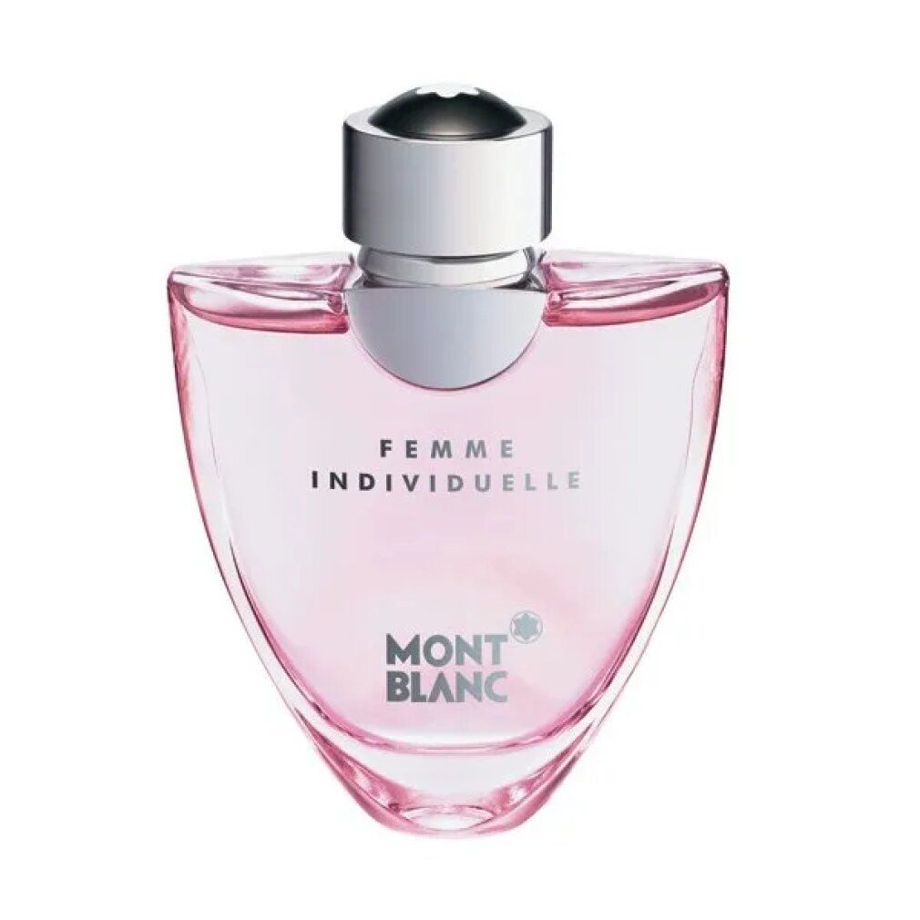 Flacone di profumo rosa con tappo argentato. Scritta FEMME INDIVIDUELLE e logo MONTBLANC.
