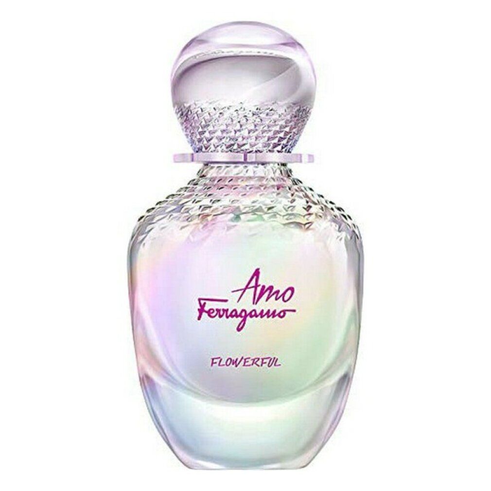 Flacone di profumo. Scritta: Amo Ferragamo Flowerful. Flacone con tappo rosa e vetro iridescente.