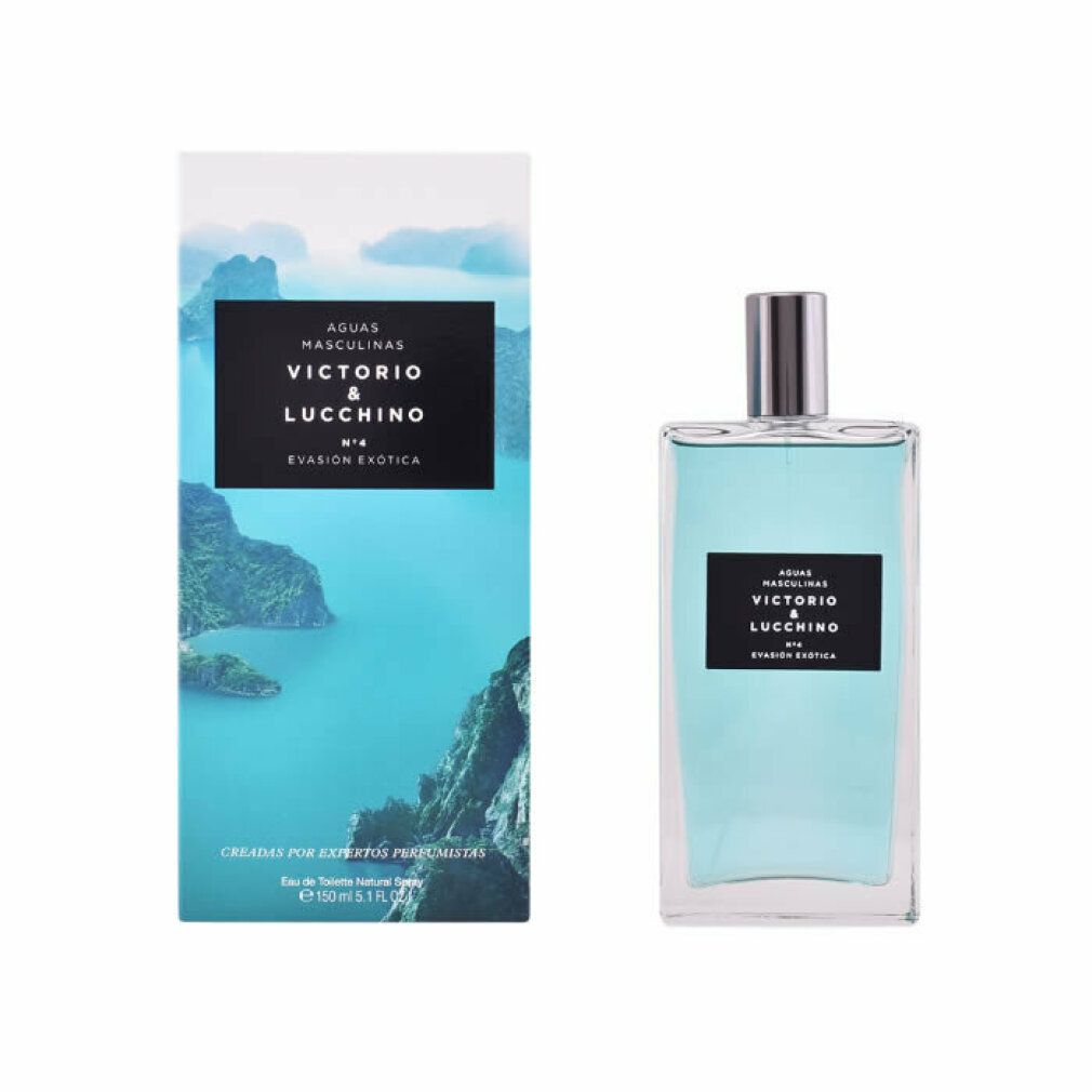 Spray Eau de Toilette e confezione. Flacone rettangolare con tappo argentato. Etichetta nera con testo. Confezione con immagine paesaggistica.