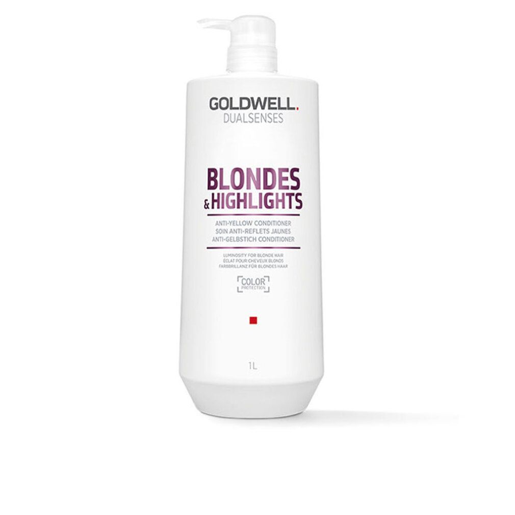 Conditioner Goldwell Dual Senses. Flacone bianco con dosatore. Scritta: Blondes & Highlights. 1L.