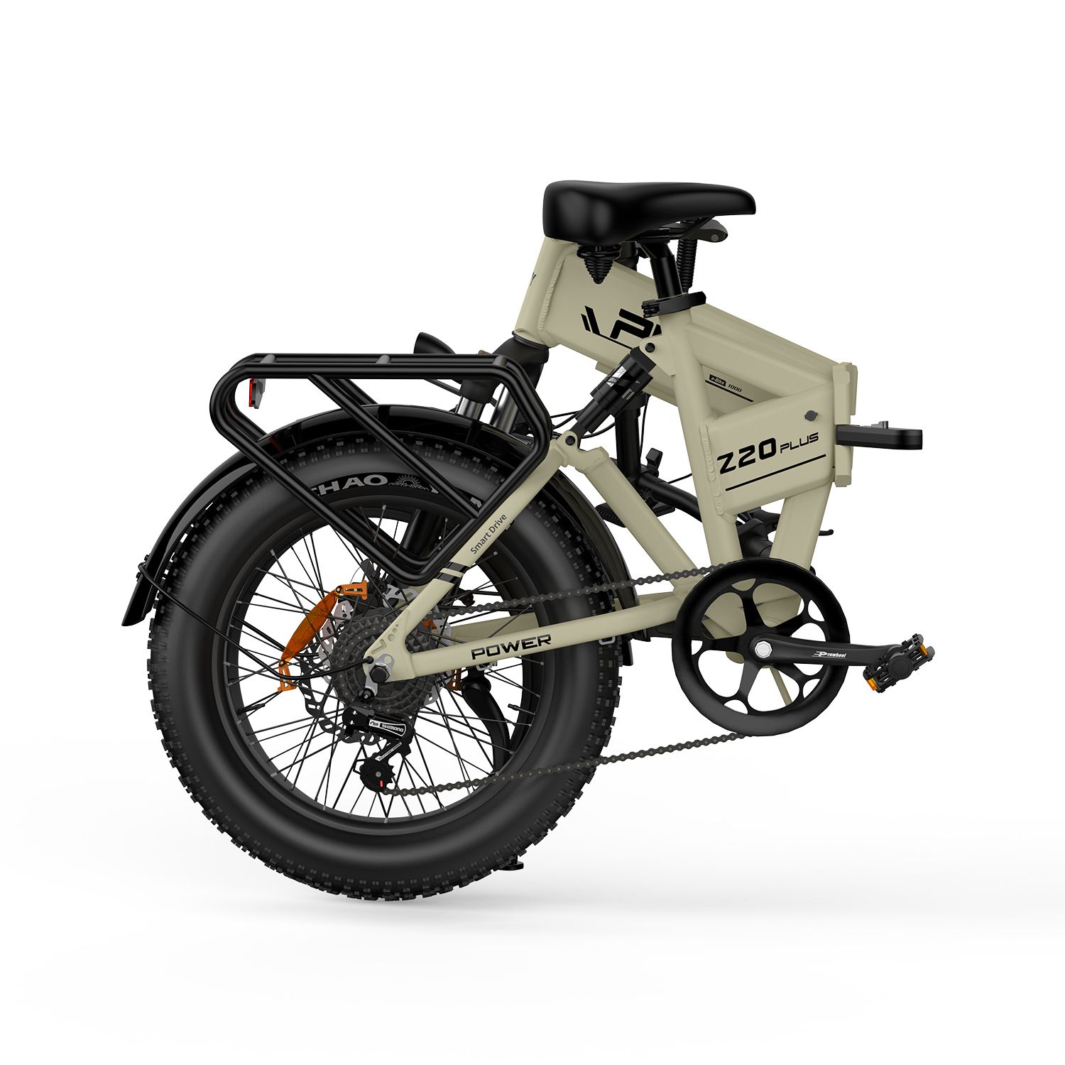E-bike beige con pneumatici neri e portapacchi. PVY Z20 Plus è visibile sul telaio.