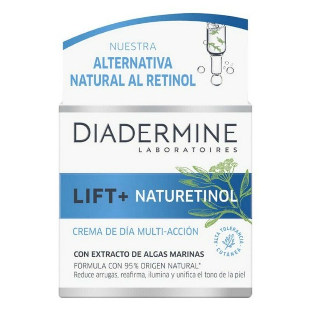 Confezione Diadermine Lift+ Naturetinol. Scatola bianca con dettagli blu e verdi. Testo: Diadermine, Lift+ Naturetinol, Crema de Día Multi-Acción.