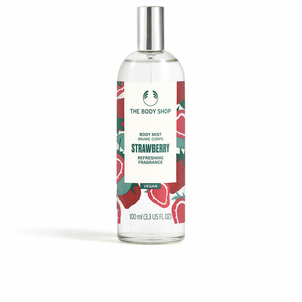 Flacone di Body Mist con design fragola. Scritta: Strawberry, Body Mist, The Body Shop. Erogatore argentato. Vegano.