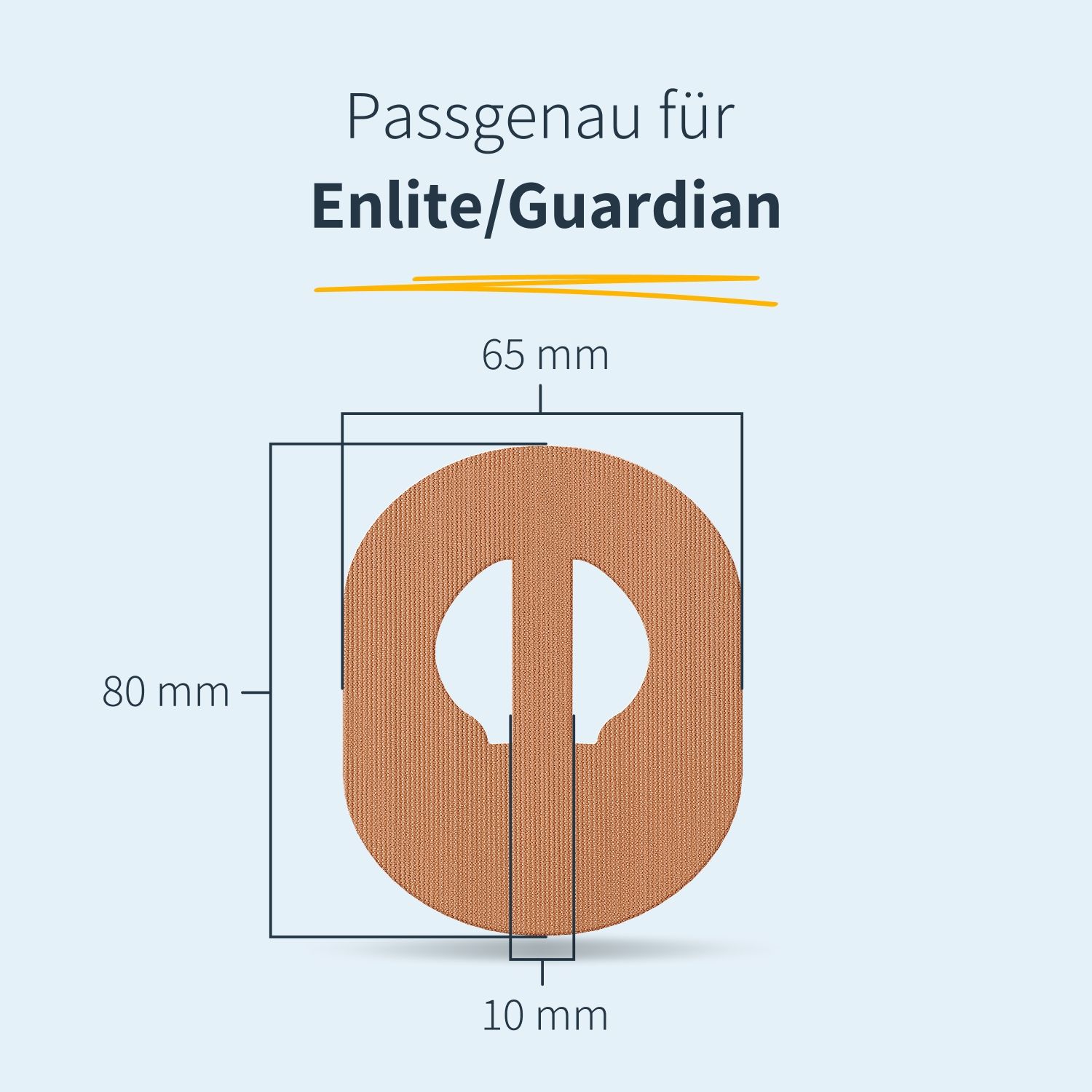Cerotto con foro. Dimensioni: 80 mm x 65 mm x 10 mm. Testo: Adatto per Enlite/Guardian.