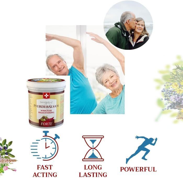 Immagine pubblicitaria con prodotto e anziani. Prodotto: SwissMedicus Pferdebalsam FORTE. Testo: Fast Acting, Long Lasting, Powerful.