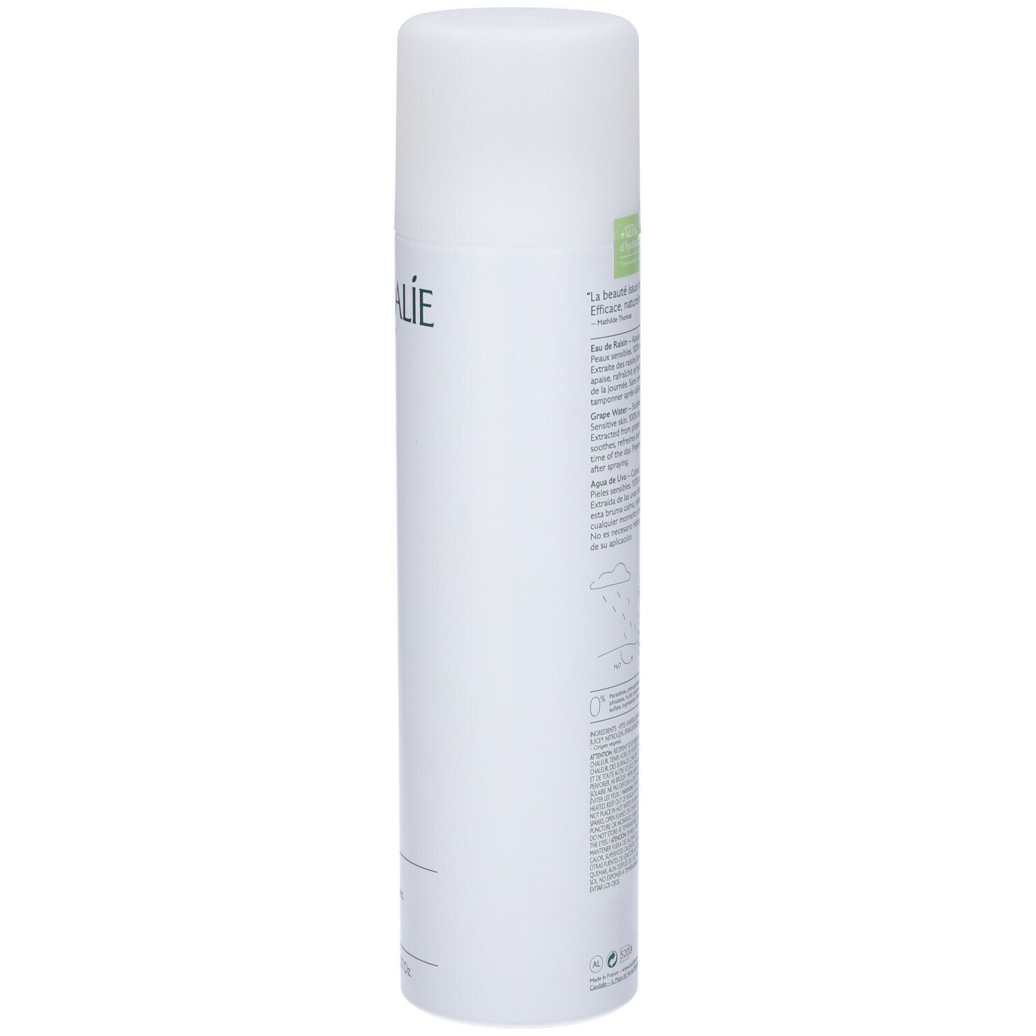 Flacone spray bianco Caudalie. Retro con testo e illustrazioni. Adesivo verde con testo.